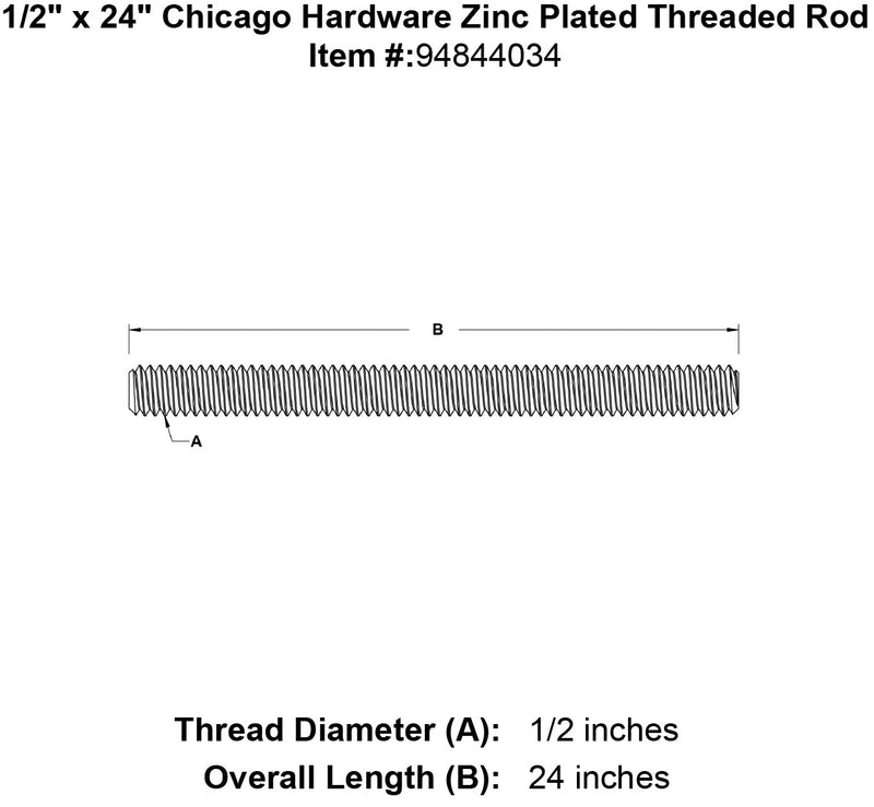 1 2 x 24 chicago hardware zinc plated threaded rod specification diagram