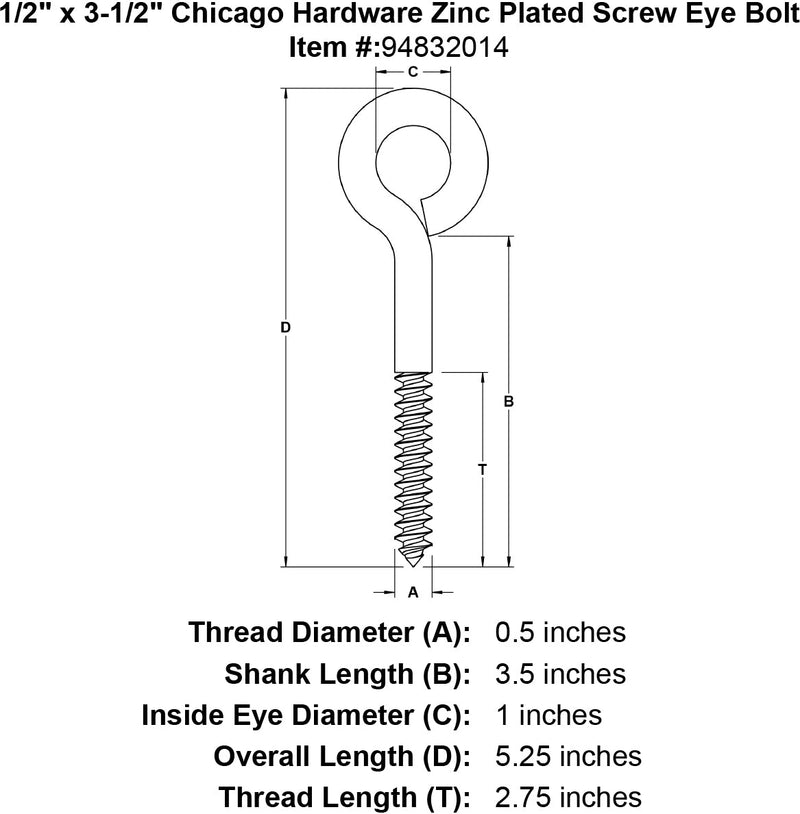 1 2 x 3 1 2 chicago hardware zinc plated screw eyebolt specification diagram