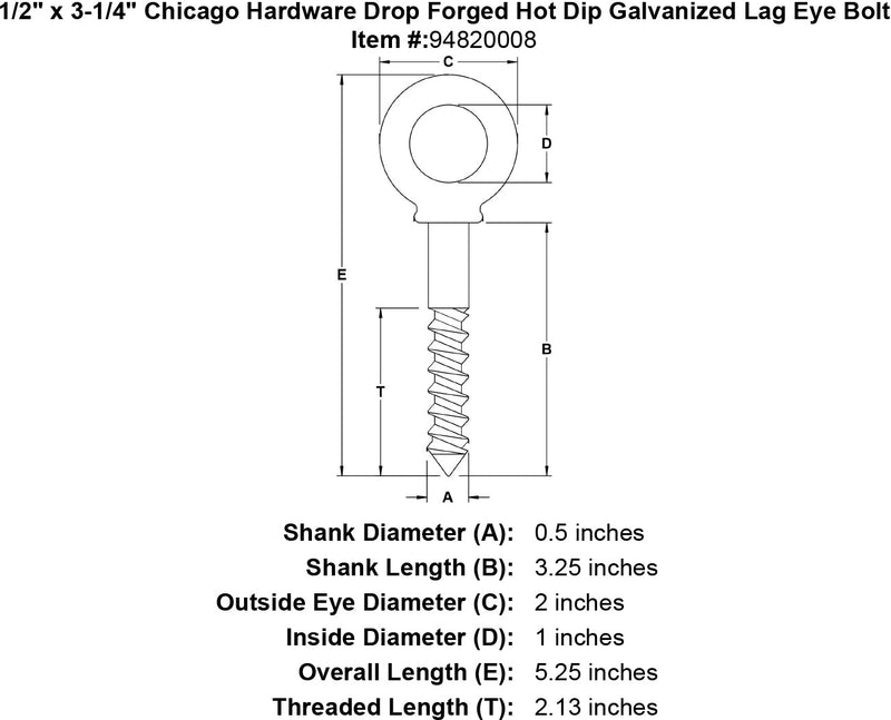 1 2 x 3 1 4 chicago hardware drop forged hot dip galvanized lag eyebolt specification diagram