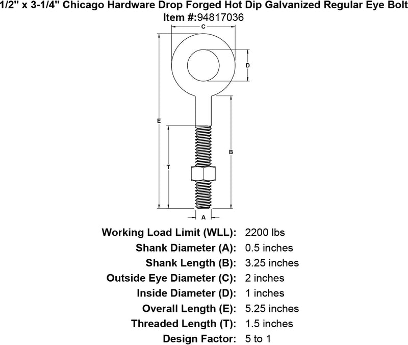 1 2 x 3 1 4 chicago hardware drop forged hot dip galvanized regular eyebolt specification diagram