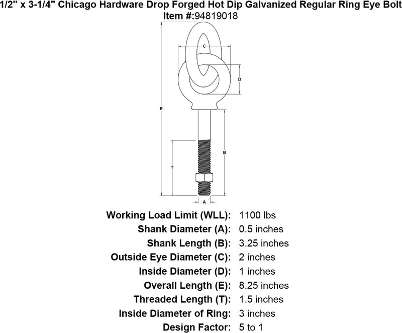 1 2 x 3 1 4 chicago hardware drop forged hot dip galvanized regular ring eyebolt specification diagram