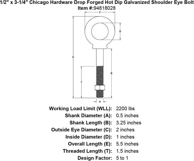 1 2 x 3 1 4 chicago hardware drop forged hot dip galvanized shoulder eyebolt specification diagram