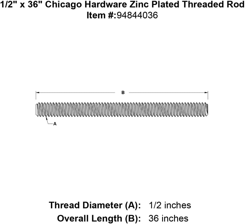 1 2 x 36 chicago hardware zinc plated threaded rod specification diagram