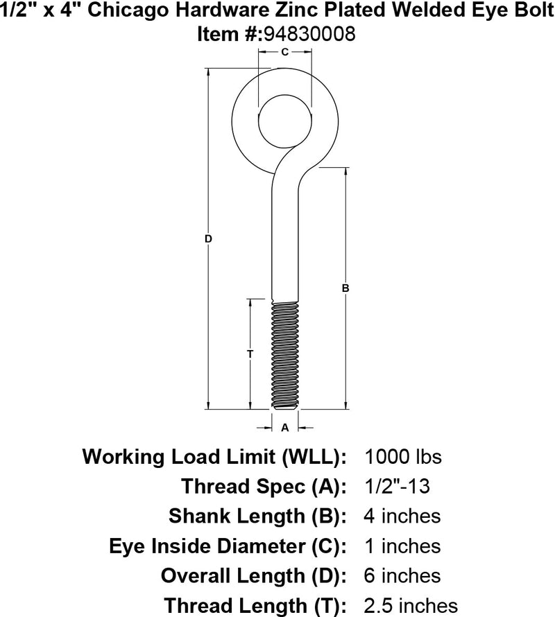 1 2 x 4 chicago hardware zinc plated welded eyebolt specification diagram
