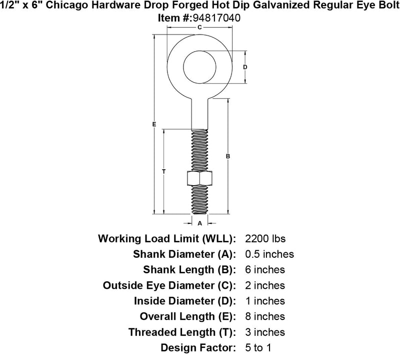 1 2 x 6 chicago hardware drop forged hot dip galvanized regular eyebolt specification diagram