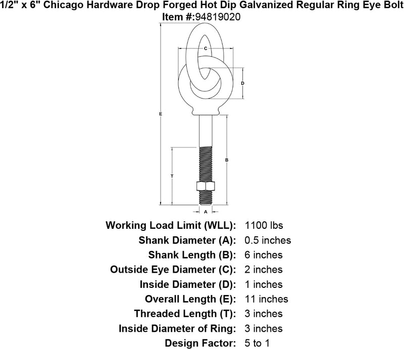 1 2 x 6 chicago hardware drop forged hot dip galvanized regular ring eyebolt specification diagram