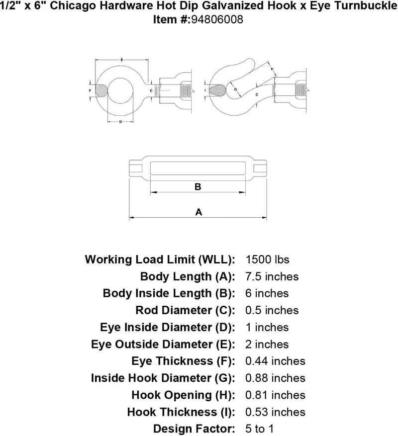 1 2 x 6 chicago hardware hot dip galvanized hook x eye turnbuckle specification diagram