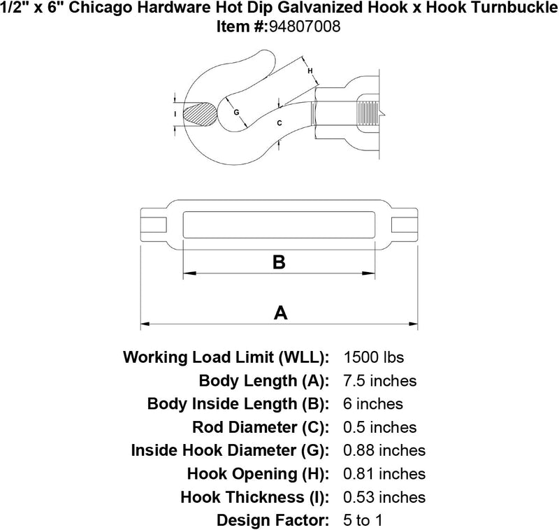 1 2 x 6 chicago hardware hot dip galvanized hook x hook turnbuckle specification diagram