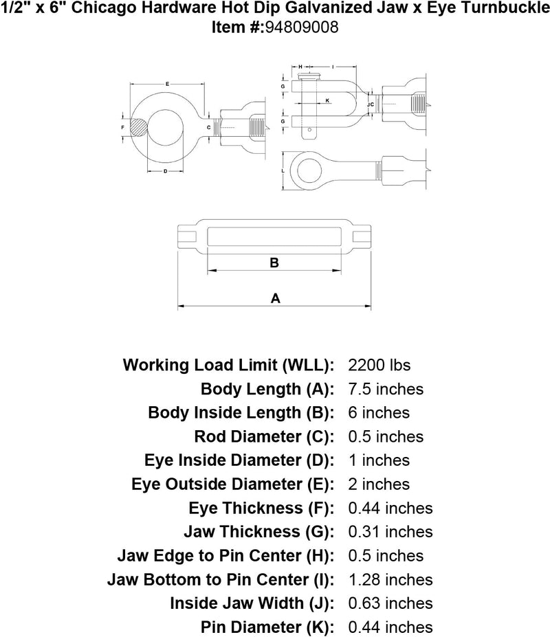 1 2 x 6 chicago hardware hot dip galvanized jaw x eye turnbuckle specification diagram