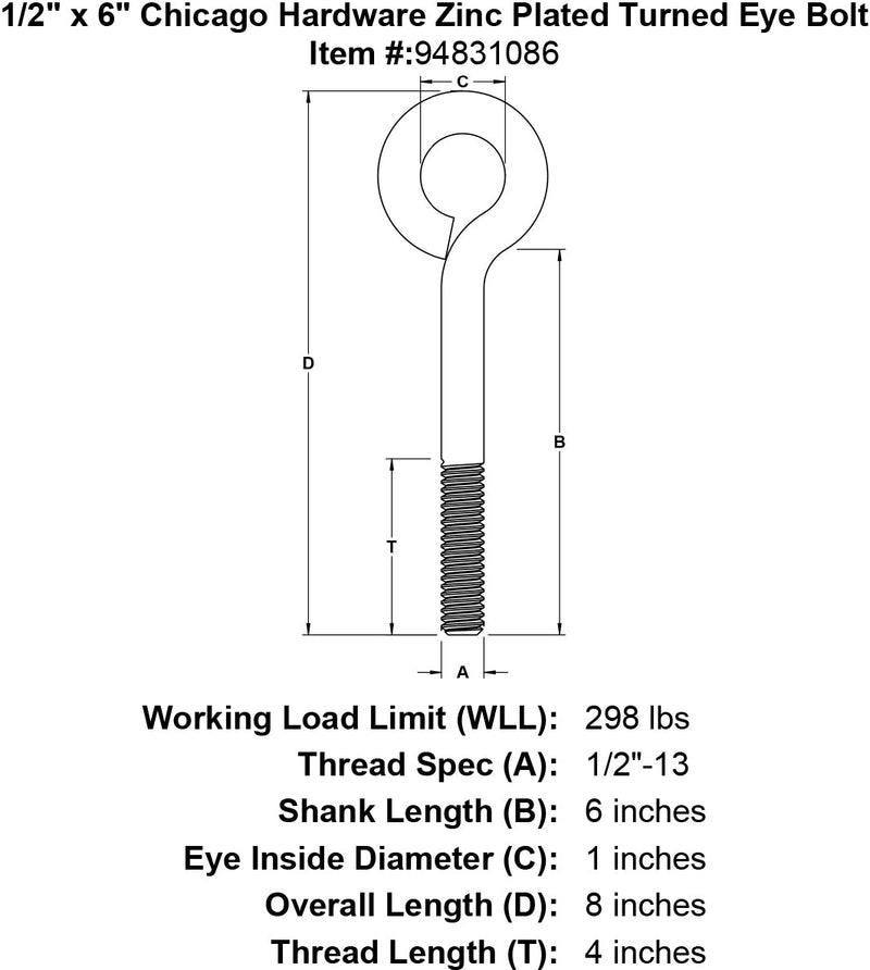 1 2 x 6 chicago hardware zinc plated turned eyebolt specification diagram