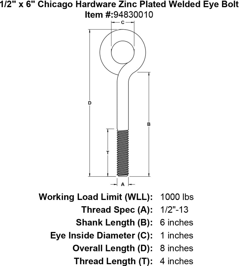 1 2 x 6 chicago hardware zinc plated welded eyebolt specification diagram