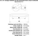 1 2 x 9 chicago hardware hot dip galvanized hook x hook turnbuckle specification diagram