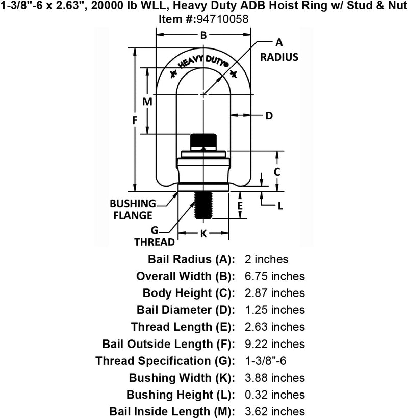 1 3 8 6 x 2 63 20000 lb Heavy Duty Hoist Ring Stud Nut specification diagram