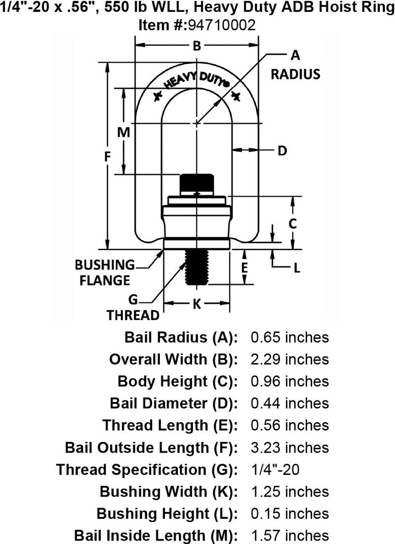 1 4 20 x 56 550 lb Heavy Duty Hoist Ring specification diagram