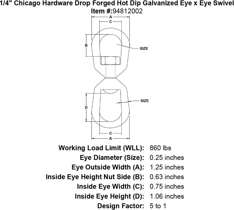 1 4 chicago hardware drop forged hot dip galvanized eye x eye swivel specification diagram