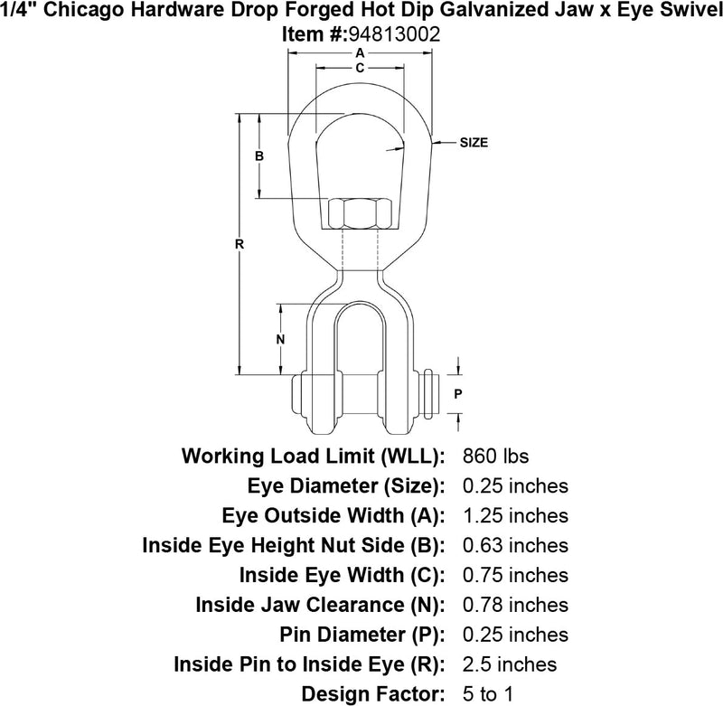 1 4 chicago hardware drop forged hot dip galvanized jaw x eye swivel specification diagram