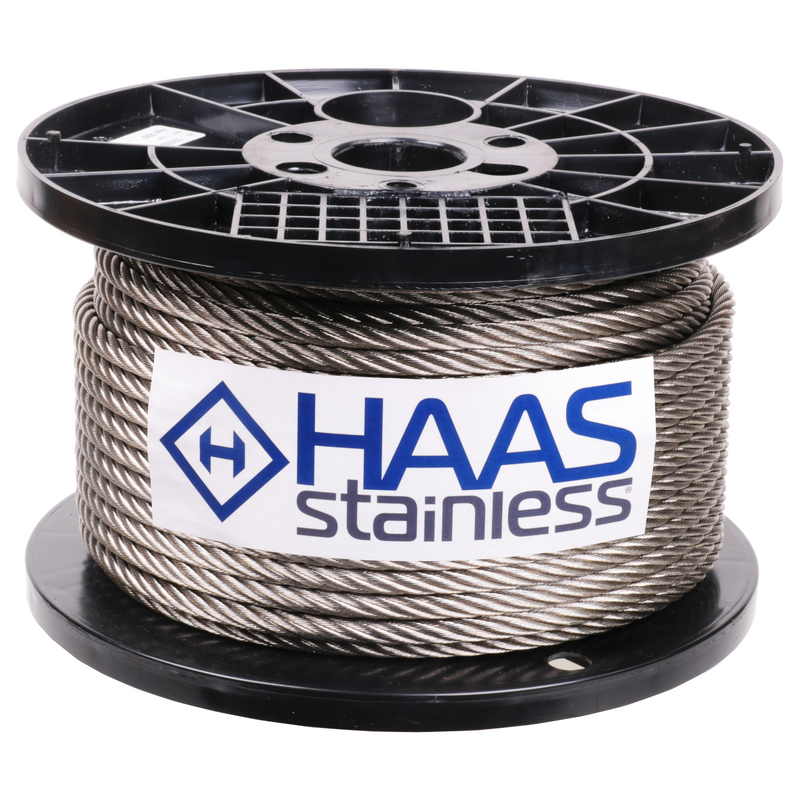 1/4 inch X 500 foot haas stainless 7x19 type 316 stainless steel cable reel label