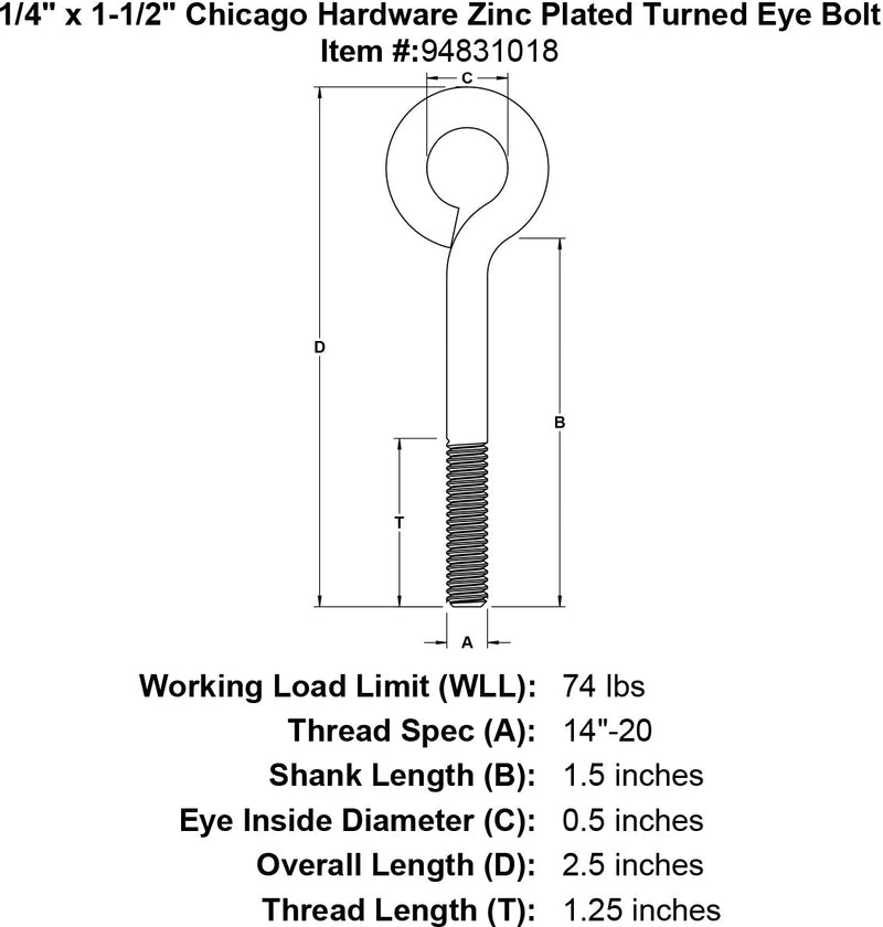 1 4 x 1 1 2 chicago hardware zinc plated turned eyebolt specification diagram