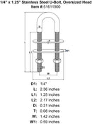 1 4 x 1 25 Stainless Steel U Bolt Oversized Head specification diagram