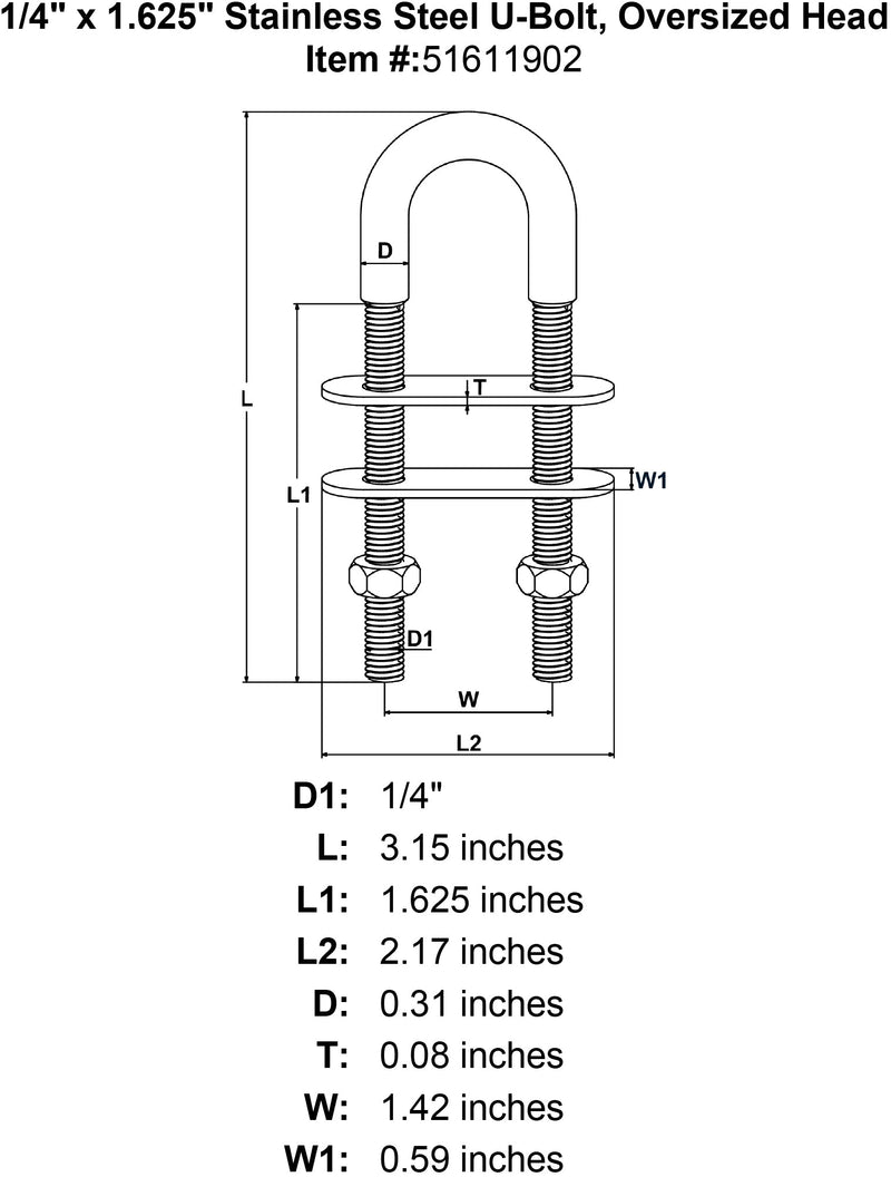 1 4 x 1 625 Stainless Steel U Bolt Oversized Head specification diagram