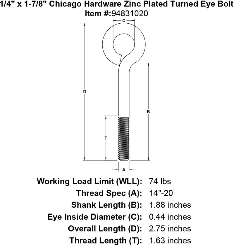 1 4 x 1 7 8 chicago hardware zinc plated turned eyebolt specification diagram