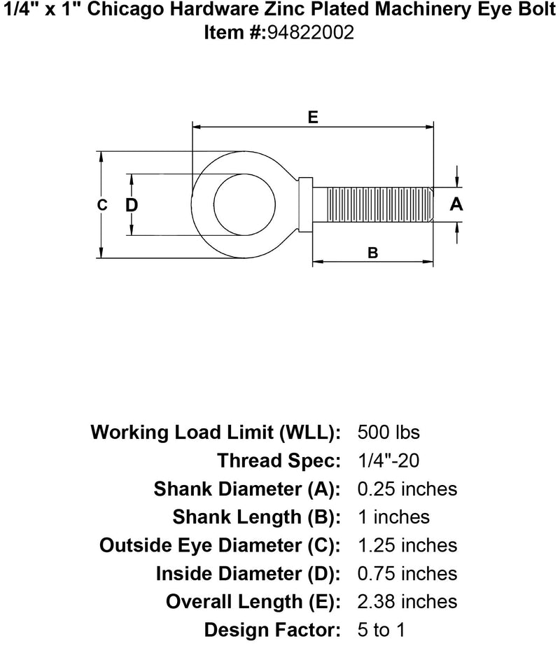 1 4 x 1 chicago hardware zinc plated machinery eyebolt specification diagram