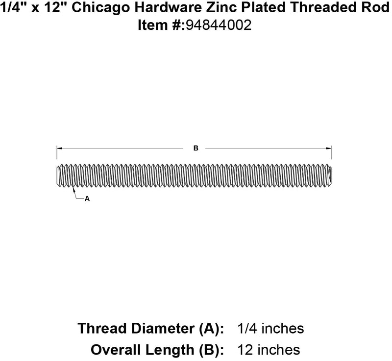 1 4 x 12 chicago hardware zinc plated threaded rod specification diagram
