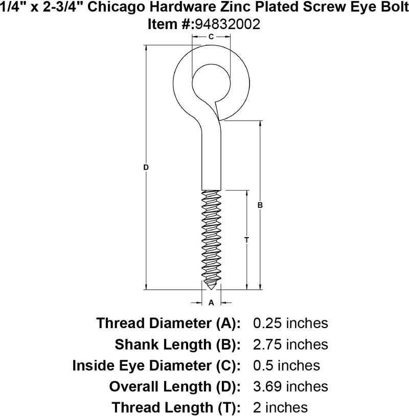 1 4 x 2 3 4 chicago hardware zinc plated screw eyebolt specification diagram