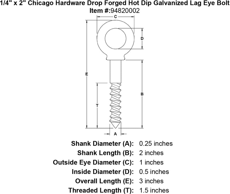 1 4 x 2 chicago hardware drop forged hot dip galvanized lag eyebolt specification diagram