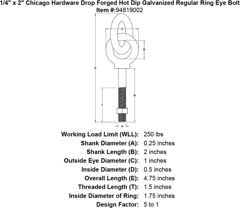 1 4 x 2 chicago hardware drop forged hot dip galvanized regular ring eyebolt specification diagram