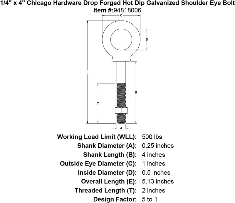 1 4 x 4 chicago hardware drop forged hot dip galvanized shoulder eyebolt specification diagram