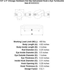 1 4 x 4 chicago hardware hot dip galvanized hook x eye turnbuckle specification diagram