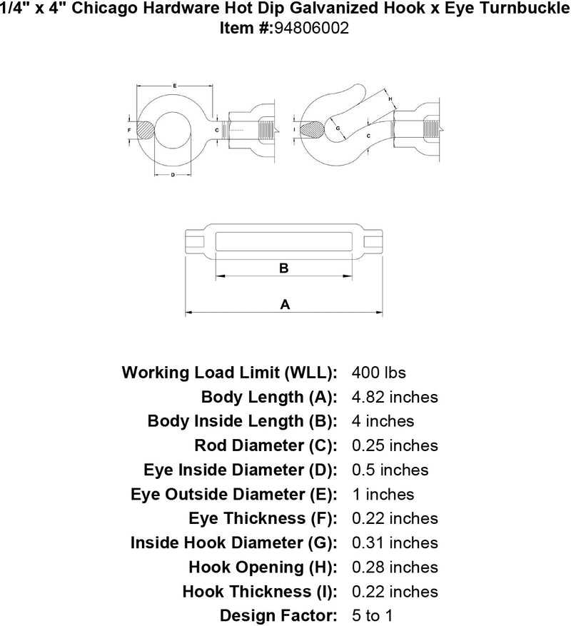 1 4 x 4 chicago hardware hot dip galvanized hook x eye turnbuckle specification diagram