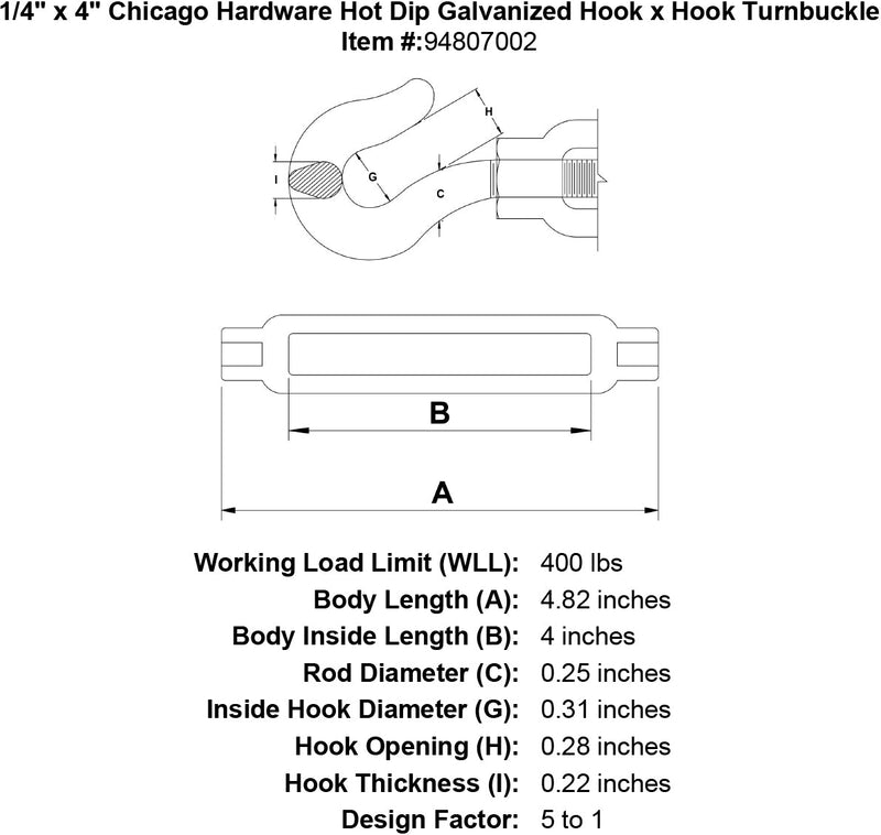 1 4 x 4 chicago hardware hot dip galvanized hook x hook turnbuckle specification diagram