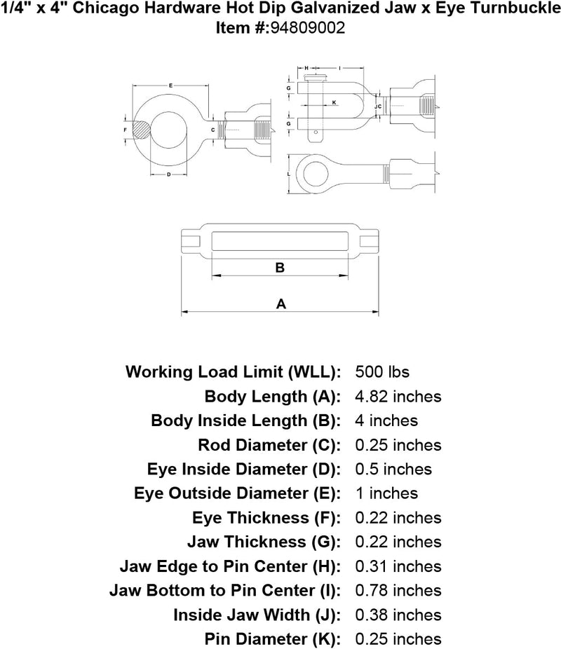 1 4 x 4 chicago hardware hot dip galvanized jaw x eye turnbuckle specification diagram