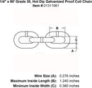 1 4 x 90 Grade 30 Hot Dip Galvanized Proof Coil Chain specification diagram