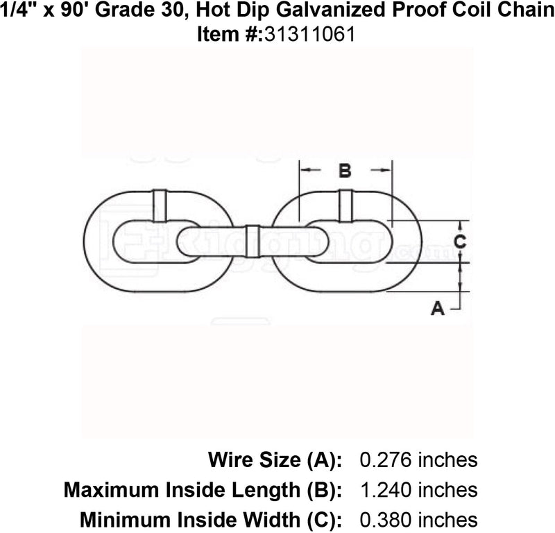 1 4 x 90 Grade 30 Hot Dip Galvanized Proof Coil Chain specification diagram