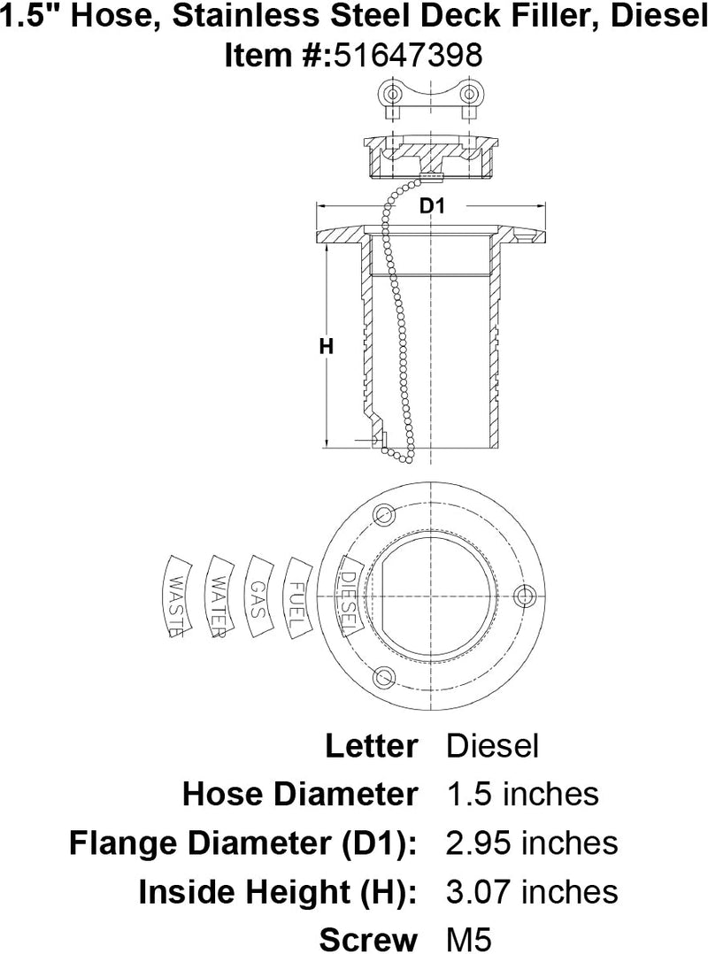 1 5 Hose Stainless Steel Deck Filler Diesel specification diagram