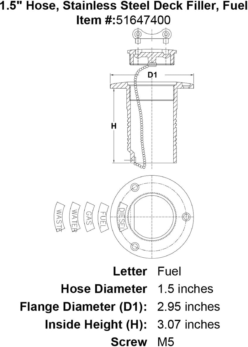 1 5 Hose Stainless Steel Deck Filler Fuel specification diagram