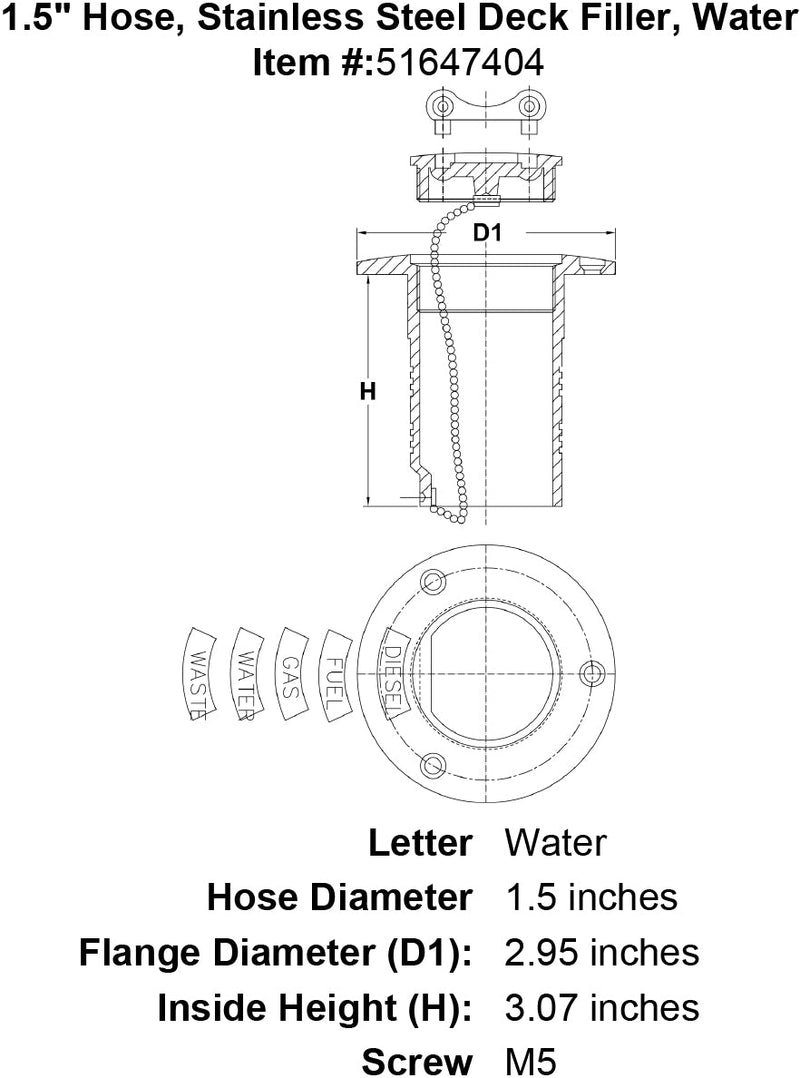 1 5 Hose Stainless Steel Deck Filler Water specification diagram