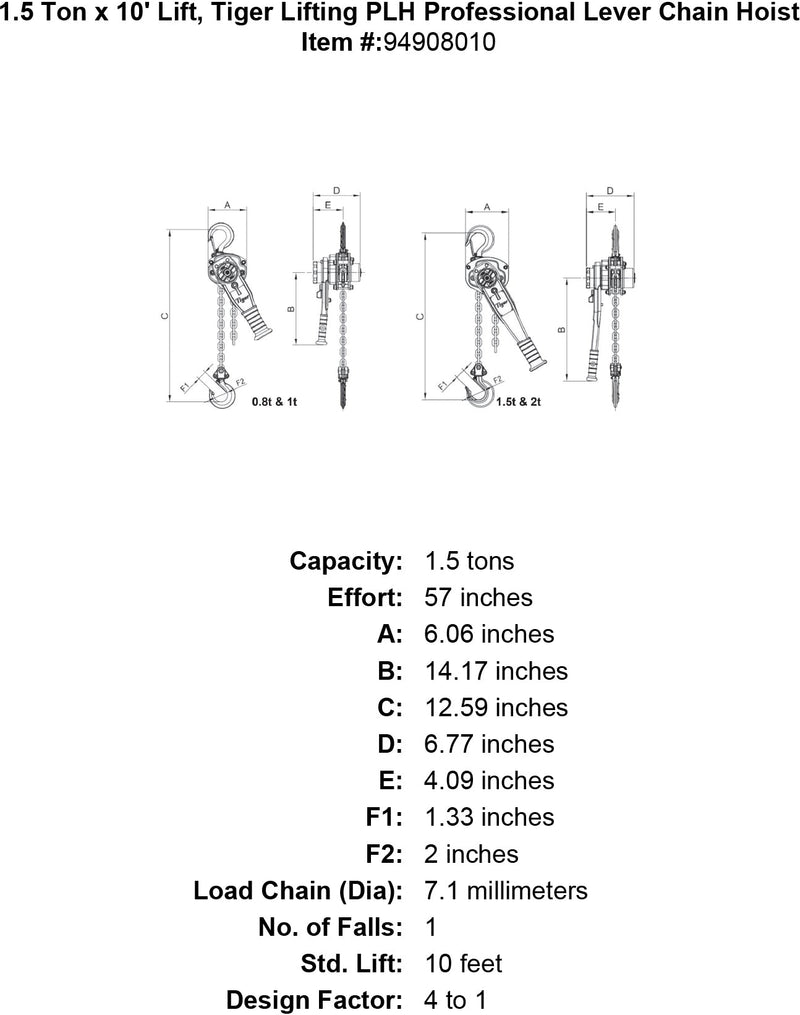 1 5 ton x 10 lift tiger lifting plh professional lever chain hoist specification diagram