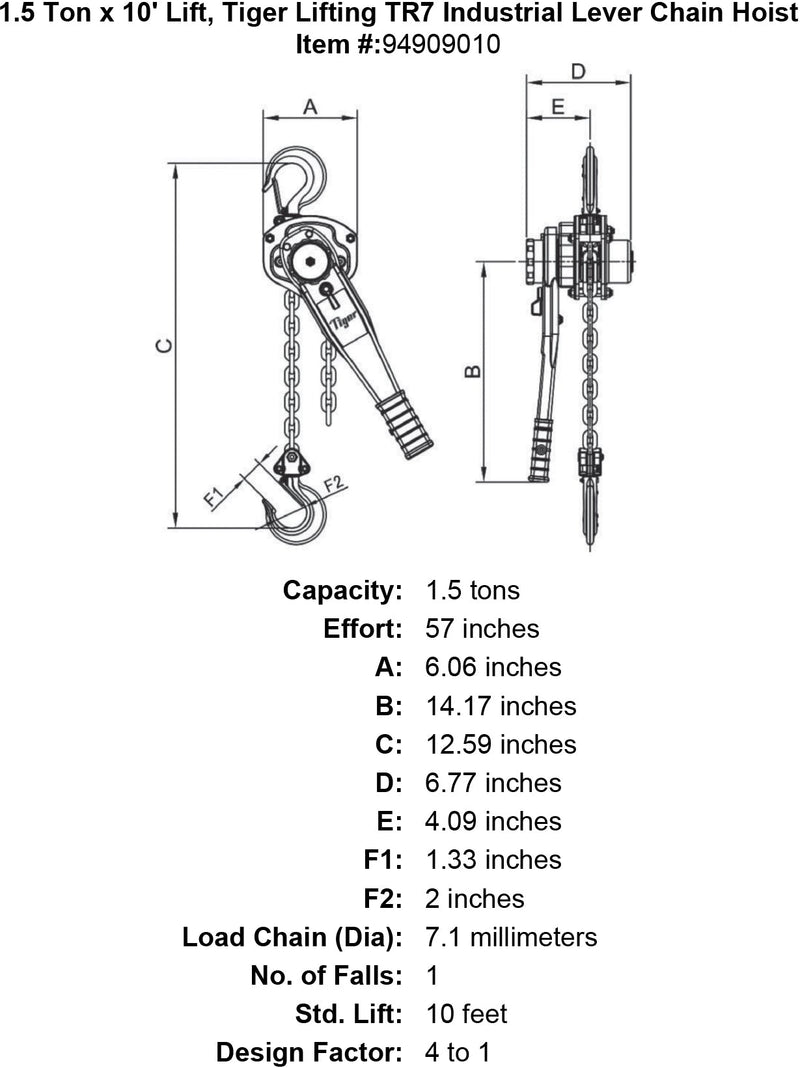 1 5 ton x 10 lift tiger lifting tr7 industrial lever chain hoist specification diagram