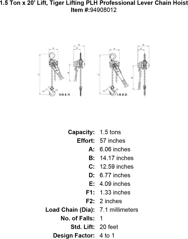 1 5 ton x 20 lift tiger lifting plh professional lever chain hoist specification diagram