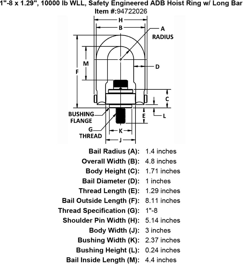 1 8 x 1 29 10000 lb Safety Engineered Hoist Ring Long Bar specification diagram