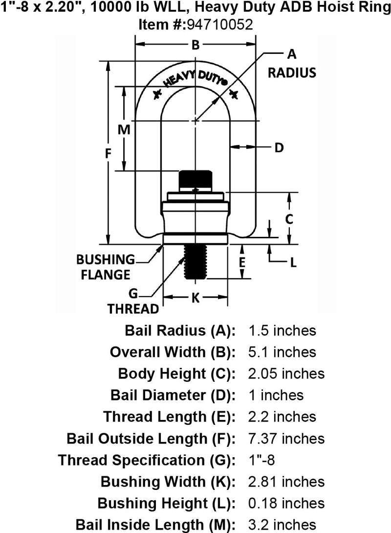 1 8 x 2 20 10000 lb Heavy Duty Hoist Ring specification diagram