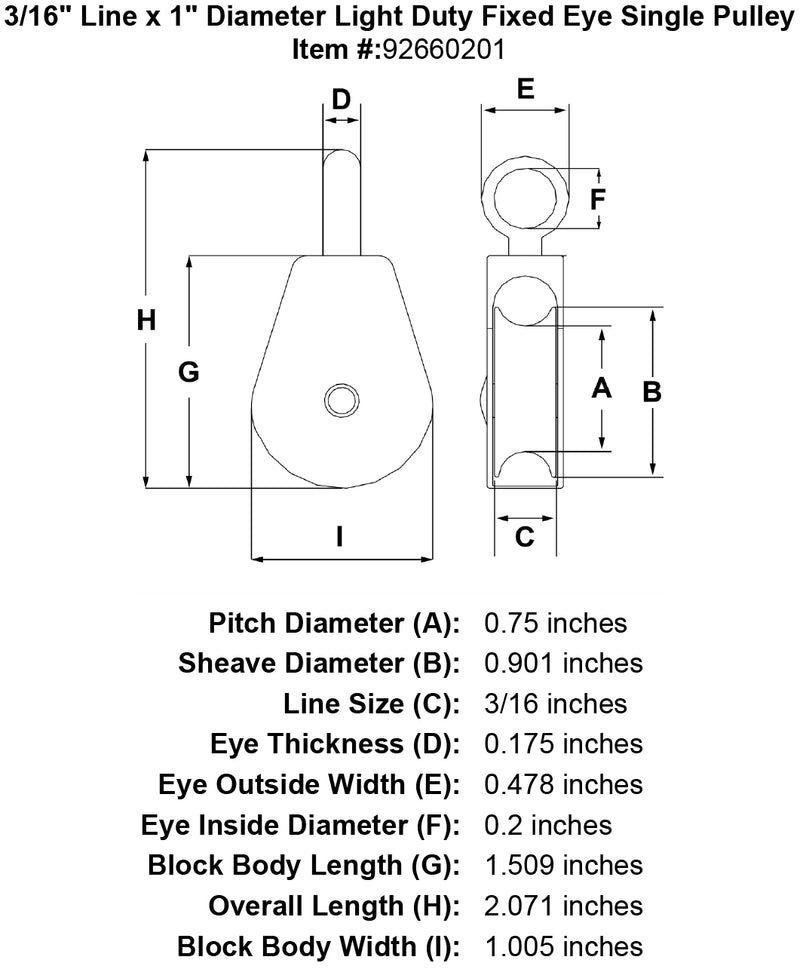 1 Sheave Zinc Plated Fixed Eye Single Pulley specification diagram