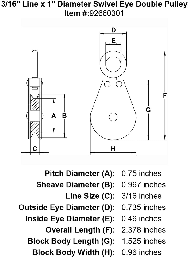 1 Sheave Zinc Plated Swivel Eye Double Pulley specification diagram
