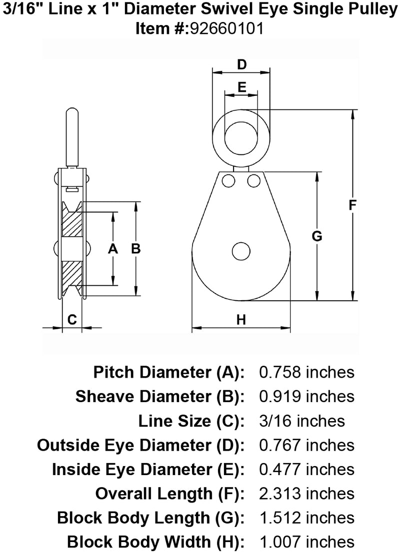 1 Sheave Zinc Plated Swivel Eye Single Pulley specification diagram