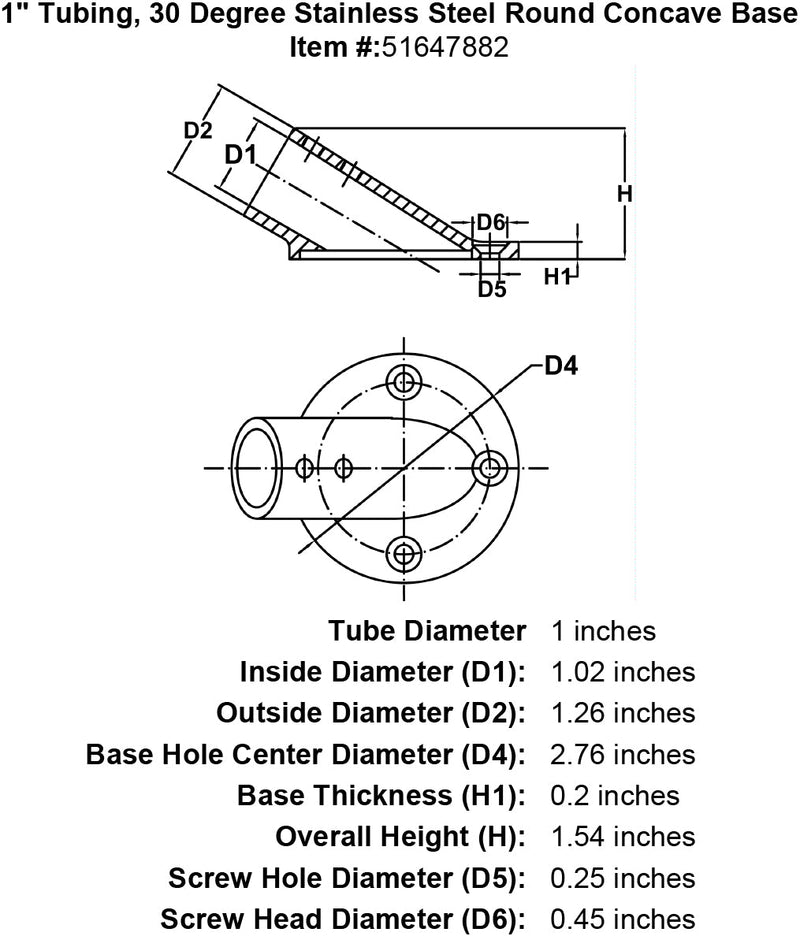 1 Tubing 30 Degree Stainless Steel Round Concave Base specification diagram