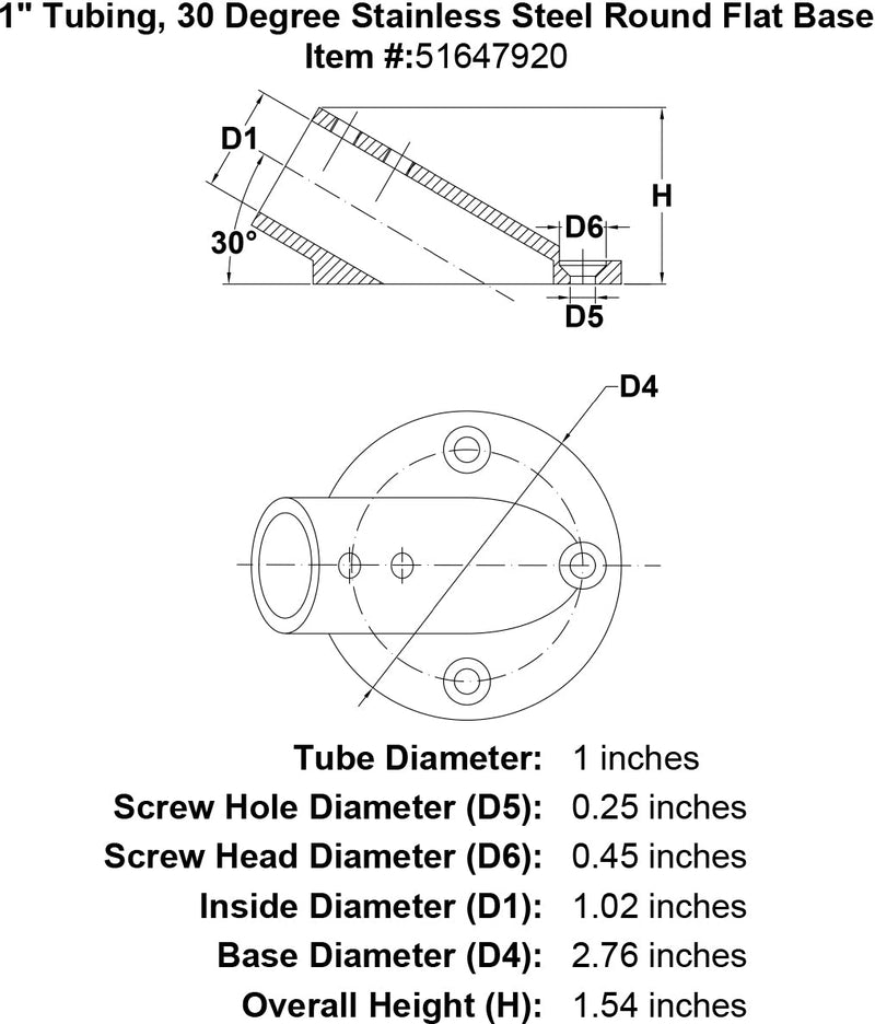 1 Tubing 30 Degree Stainless Steel Round Flat Base specification diagram